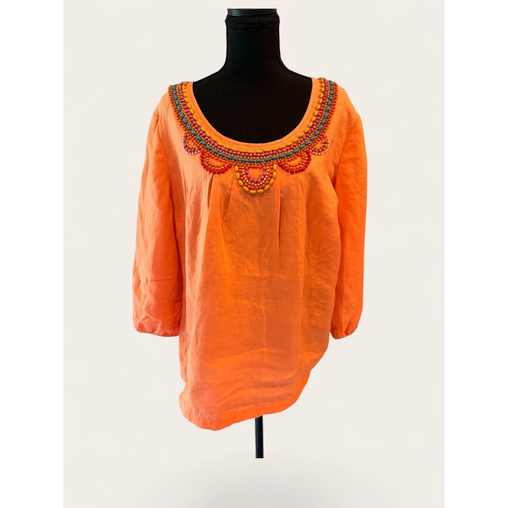 Boden Vibrant Orange Intricate Linen Beaded Neckline Blouse 3/4 Boho Top - Picture 5 of 12